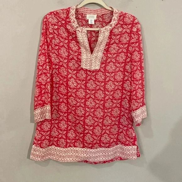 Sigrid Olsen Pink White Lightweight Embroidered 3/4 Sleeve Tunic Small - Picture 1 of 7